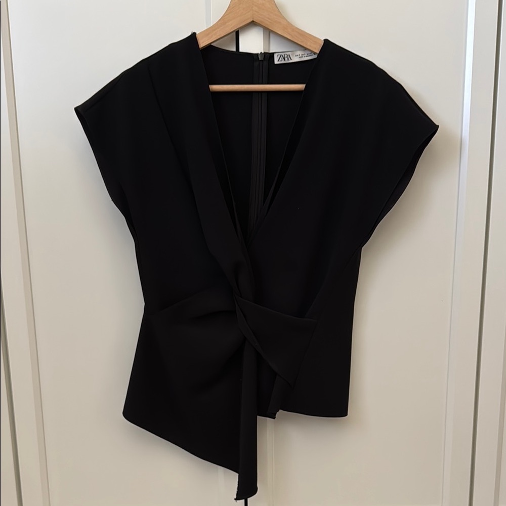 Zara Black Asymmetrical Tie Front Blouse